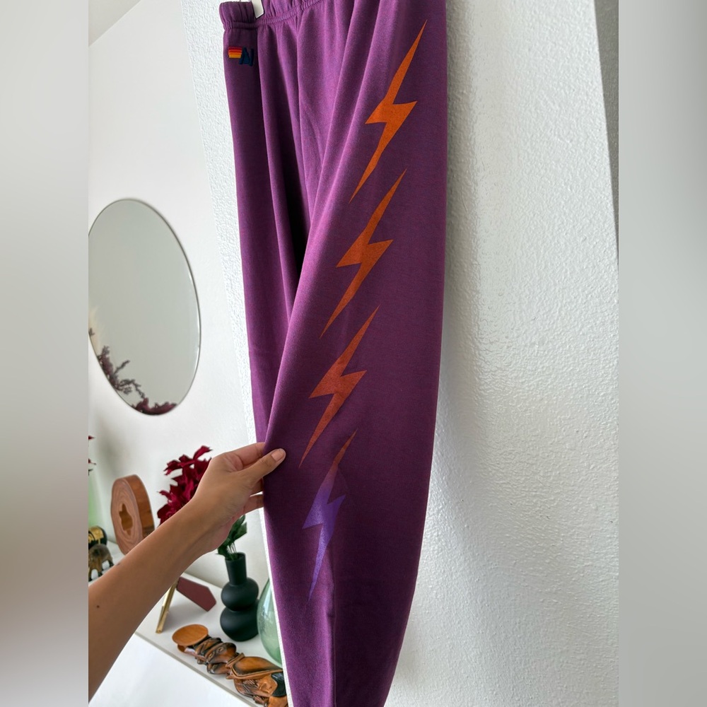 Aviator Nation Purple Track Pants with Orange Lightning Bolt